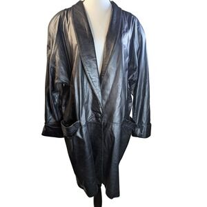 Vintage IZZI Womens Black Leather Long Blazer Coat Button Front Size M 80's/90's